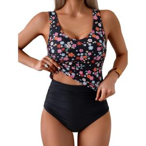 imageEomenie Two Piece Tankini Swimsuits for Women Tummy Control Bathing Suits Cutout Back Swim Tank Top with High Waisted BottomBlack Red Floral
