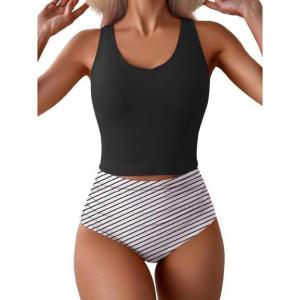 imageEomenie Two Piece Tankini Swimsuits for Women Tummy Control Bathing Suits Cutout Back Swim Tank Top with High Waisted BottomBlack Stripes