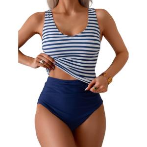 imageEomenie Two Piece Tankini Swimsuits for Women Tummy Control Bathing Suits Cutout Back Swim Tank Top with High Waisted BottomBlue Stripe