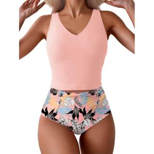 imageEomenie Two Piece Tankini Swimsuits for Women Tummy Control Bathing Suits Cutout Back Swim Tank Top with High Waisted BottomLight Pink Floral
