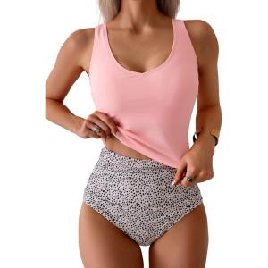 imageEomenie Two Piece Tankini Swimsuits for Women Tummy Control Bathing Suits Cutout Back Swim Tank Top with High Waisted BottomLight Pink Print