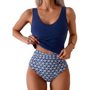 imageEomenie Two Piece Tankini Swimsuits for Women Tummy Control Bathing Suits Cutout Back Swim Tank Top with High Waisted BottomNavy Blue Print