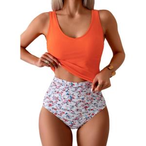 imageEomenie Two Piece Tankini Swimsuits for Women Tummy Control Bathing Suits Cutout Back Swim Tank Top with High Waisted BottomOrange Floral