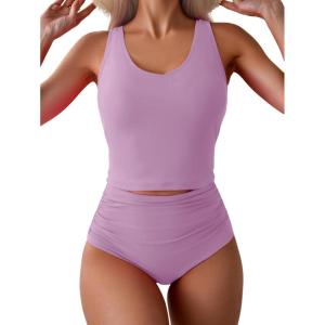 imageEomenie Two Piece Tankini Swimsuits for Women Tummy Control Bathing Suits Cutout Back Swim Tank Top with High Waisted BottomPurple