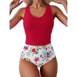 imageEomenie Two Piece Tankini Swimsuits for Women Tummy Control Bathing Suits Cutout Back Swim Tank Top with High Waisted BottomRed Print