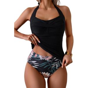 imageEomenie Womens Halter Tankini Bathing Suit Ruched Tummy Control Two Piece Swimsuit with BottomBlack Floral