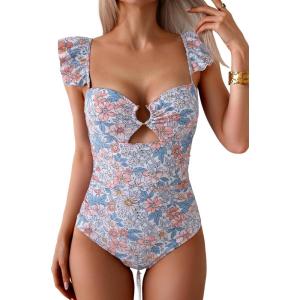imageEomenie Womens One Piece Swimsuit Tummy Control Bathing Suit Ruffle Cutout Slimming SwimwearOrange Floral