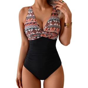 imageEomenie Womens One Piece Swimsuits Tummy Control Ruched Push Up Bathing Suit Tie Back Slimming SwimwearBlack Orange Print