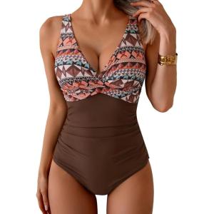 imageEomenie Womens One Piece Swimsuits Tummy Control Ruched Push Up Bathing Suit Tie Back Slimming SwimwearBrown Orange Print