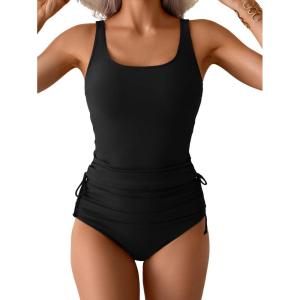 imageEomenie Womens Tankini Swimsuit Tummy Control Ruched Two Piece Bathing Suit Drawstring Swimwear with High Waisted BottomBlack