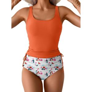 imageEomenie Womens Tankini Swimsuit Tummy Control Ruched Two Piece Bathing Suit Drawstring Swimwear with High Waisted BottomOrange Floral