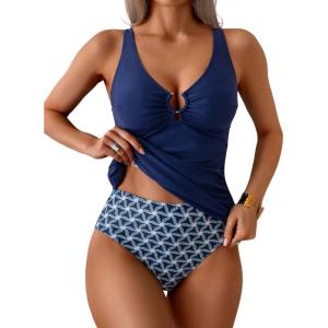 imageEomenie Womens Tankini Swimsuit Two Piece Tummy Control Bathing Suit V Neck Ring Linked Swimwear with High Waisted BottomsNavy Blue Print
