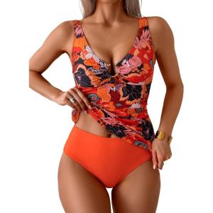 imageEomenie Womens Tankini Swimsuit Two Piece Tummy Control Bathing Suit V Neck Ring Linked Swimwear with High Waisted BottomsOrange Red Print