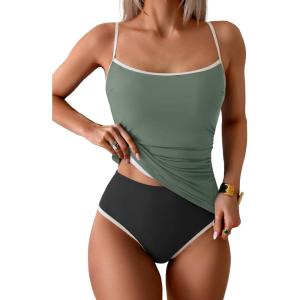 imageEomenie Womens Tankini Swimsuits Two Piece Tummy Control Bathing Suit Color Block Slim Swimwear with High Waisted BottomBlack and Army Green