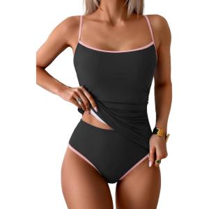 imageEomenie Womens Tankini Swimsuits Two Piece Tummy Control Bathing Suit Color Block Slim Swimwear with High Waisted BottomBlack and Light Pink