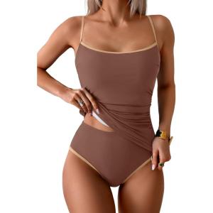 imageEomenie Womens Tankini Swimsuits Two Piece Tummy Control Bathing Suit Color Block Slim Swimwear with High Waisted BottomBrown Color Block