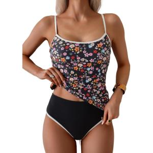 imageEomenie Womens Tankini Swimsuits Two Piece Tummy Control Bathing Suit Color Block Slim Swimwear with High Waisted BottomPrinted Black Pink