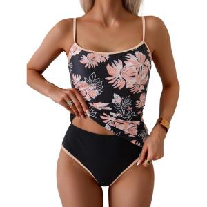 imageEomenie Womens Tankini Swimsuits Two Piece Tummy Control Bathing Suit Color Block Slim Swimwear with High Waisted BottomPrinted Pink Black