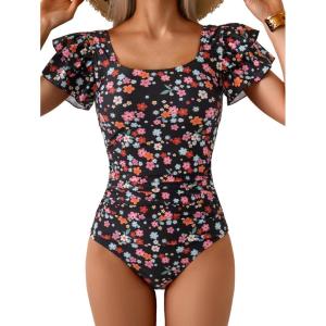 imageEomenie Womens Tummy Control One Piece Swimsuit Ruffle Square Neck Bathing Suit Ruched Cutout Back Slimming SwimwearBlack Pink Floral