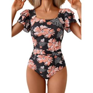 imageEomenie Womens Tummy Control One Piece Swimsuit Ruffle Square Neck Bathing Suit Ruched Cutout Back Slimming SwimwearBlack Red Floral