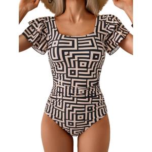 imageEomenie Womens Tummy Control One Piece Swimsuit Ruffle Square Neck Bathing Suit Ruched Cutout Back Slimming SwimwearBlack Yellow Print