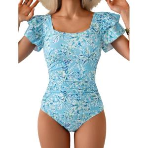 imageEomenie Womens Tummy Control One Piece Swimsuit Ruffle Square Neck Bathing Suit Ruched Cutout Back Slimming SwimwearLight Blue Floral