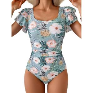 imageEomenie Womens Tummy Control One Piece Swimsuit Ruffle Square Neck Bathing Suit Ruched Cutout Back Slimming SwimwearLight Green Floral