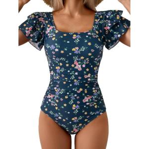 imageEomenie Womens Tummy Control One Piece Swimsuit Ruffle Square Neck Bathing Suit Ruched Cutout Back Slimming SwimwearNavy Blue Pink Floral