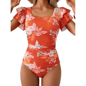 imageEomenie Womens Tummy Control One Piece Swimsuit Ruffle Square Neck Bathing Suit Ruched Cutout Back Slimming SwimwearOrange White Floral