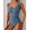 imageEomenie Womens One Piece Swimsuit Tummy Control Cutout Bathing Suit Push Up Wide Straps Swim SuitGrey Blue