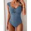 imageEomenie Womens One Piece Swimsuit Tummy Control Cutout Bathing Suit Push Up Wide Straps Swim SuitGrey Blue
