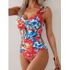 imageEomenie Womens One Piece Swimsuit Tummy Control Cutout Bathing Suit Push Up Wide Straps Swim SuitRed Blue Floral