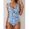 imageEomenie Womens One Piece Swimsuit Tummy Control Cutout Bathing Suit Push Up Wide Straps Swim SuitWhite Blue Print