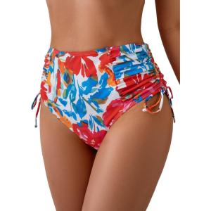 imageEomenie Womens High Waisted Swimsuit Bottom Tummy Control Ruched Bikini Bottoms Side Tie Bathing Suit Swim BottomPrinted Blue Red