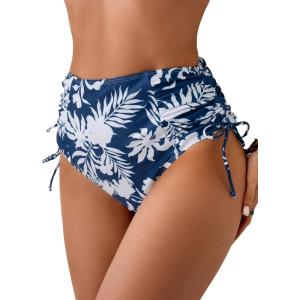 imageEomenie Womens High Waisted Swimsuit Bottom Tummy Control Ruched Bikini Bottoms Side Tie Bathing Suit Swim BottomPrinted Blue White