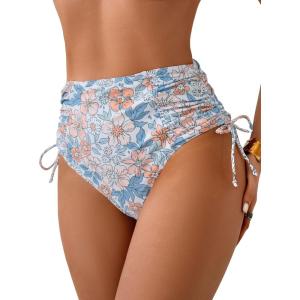 imageEomenie Womens High Waisted Swimsuit Bottom Tummy Control Ruched Bikini Bottoms Side Tie Bathing Suit Swim BottomPrinted Orange Blue