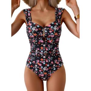 imageEomenie Womens One Piece Swimsuit Tummy Control Cutout Bathing Suit Push Up Wide Straps Swim SuitFloral Fragments