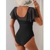 imageEomenie One Piece Swimsuit for Women Mesh Ruffle Sleeves Bathing Suit Tummy Control Ruched Swimwear V Neck Swim SuitBlack