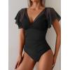 imageEomenie One Piece Swimsuit for Women Mesh Ruffle Sleeves Bathing Suit Tummy Control Ruched Swimwear V Neck Swim SuitBlack