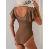 imageEomenie One Piece Swimsuit for Women Mesh Ruffle Sleeves Bathing Suit Tummy Control Ruched Swimwear V Neck Swim SuitBrown
