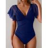 imageEomenie One Piece Swimsuit for Women Mesh Ruffle Sleeves Bathing Suit Tummy Control Ruched Swimwear V Neck Swim SuitNavy Blue