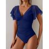 imageEomenie One Piece Swimsuit for Women Mesh Ruffle Sleeves Bathing Suit Tummy Control Ruched Swimwear V Neck Swim SuitNavy Blue