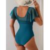 imageEomenie One Piece Swimsuit for Women Mesh Ruffle Sleeves Bathing Suit Tummy Control Ruched Swimwear V Neck Swim SuitPeacock Blue