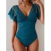 imageEomenie One Piece Swimsuit for Women Mesh Ruffle Sleeves Bathing Suit Tummy Control Ruched Swimwear V Neck Swim SuitPeacock Blue