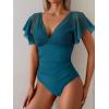 imageEomenie One Piece Swimsuit for Women Mesh Ruffle Sleeves Bathing Suit Tummy Control Ruched Swimwear V Neck Swim SuitPeacock Blue