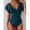 imageEomenie One Piece Swimsuit for Women Mesh Ruffle Sleeves Bathing Suit Tummy Control Ruched Swimwear V Neck Swim SuitPeacock Green