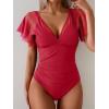 imageEomenie One Piece Swimsuit for Women Mesh Ruffle Sleeves Bathing Suit Tummy Control Ruched Swimwear V Neck Swim SuitRed