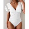 imageEomenie One Piece Swimsuit for Women Mesh Ruffle Sleeves Bathing Suit Tummy Control Ruched Swimwear V Neck Swim SuitWhite