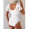imageEomenie One Piece Swimsuit for Women Mesh Ruffle Sleeves Bathing Suit Tummy Control Ruched Swimwear V Neck Swim SuitWhite
