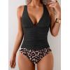 imageEomenie One Piece Swimsuit for Women Tummy Control V Neck Bathing Suit Ruched Tie Back SwimwearBlack  Leopard